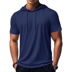 imageMAGCOMSEN Mens Short Sleeve Hoodie Workout Gym Athletic Cotton Lightweight Hooded T Shirts SweatshirtNavy