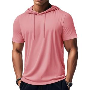 imageMAGCOMSEN Mens Short Sleeve Hoodie Workout Gym Athletic Cotton Lightweight Hooded T Shirts SweatshirtPink