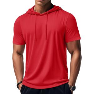 imageMAGCOMSEN Mens Short Sleeve Hoodie Workout Gym Athletic Cotton Lightweight Hooded T Shirts SweatshirtTomato Red
