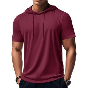 imageMAGCOMSEN Mens Short Sleeve Hoodie Workout Gym Athletic Cotton Lightweight Hooded T Shirts SweatshirtWine Red