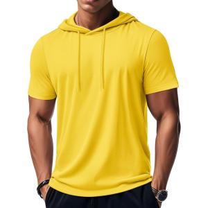 imageMAGCOMSEN Mens Short Sleeve Hoodie Workout Gym Athletic Cotton Lightweight Hooded T Shirts SweatshirtYellow