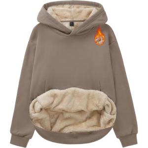 imageMAGCOMSEN Womens Fleece Hoodie Sherpa Sweatshirt Warm Long Sleeve Shirts Hooded with Pockets Casual Loose FitCoffee Grey