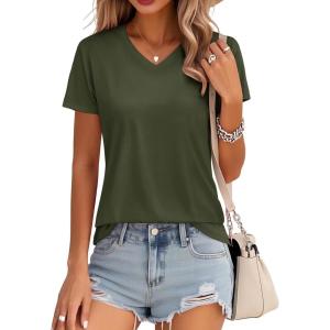image:imageMAGCOMSEN Womens Cotton T Shirt VNeck Short Sleeve Shirt ClassicFit Casual Breathable Tee Summer Basic TopsArmy Green