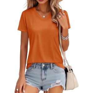 image:imageMAGCOMSEN Womens Cotton T Shirt VNeck Short Sleeve Shirt ClassicFit Casual Breathable Tee Summer Basic TopsDeep Orange