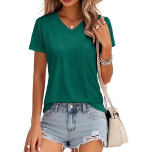 image:imageMAGCOMSEN Womens Cotton T Shirt VNeck Short Sleeve Shirt ClassicFit Casual Breathable Tee Summer Basic TopsEmerald Green