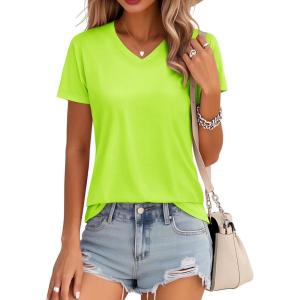 image:imageMAGCOMSEN Womens Cotton T Shirt VNeck Short Sleeve Shirt ClassicFit Casual Breathable Tee Summer Basic TopsFluorescent Green