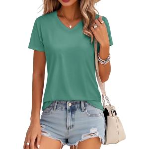 image:imageMAGCOMSEN Womens Cotton T Shirt VNeck Short Sleeve Shirt ClassicFit Casual Breathable Tee Summer Basic TopsGray Green