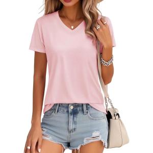 image:imageMAGCOMSEN Womens Cotton T Shirt VNeck Short Sleeve Shirt ClassicFit Casual Breathable Tee Summer Basic TopsLight Pink