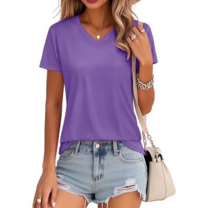image:imageMAGCOMSEN Womens Cotton T Shirt VNeck Short Sleeve Shirt ClassicFit Casual Breathable Tee Summer Basic TopsLight Purple