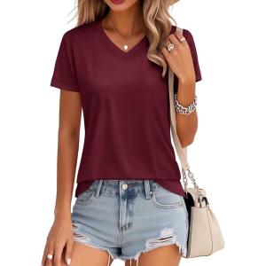 image:imageMAGCOMSEN Womens Cotton T Shirt VNeck Short Sleeve Shirt ClassicFit Casual Breathable Tee Summer Basic TopsWine Red