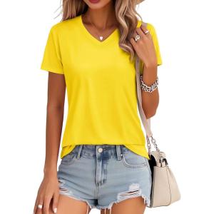 image:imageMAGCOMSEN Womens Cotton T Shirt VNeck Short Sleeve Shirt ClassicFit Casual Breathable Tee Summer Basic TopsYellow