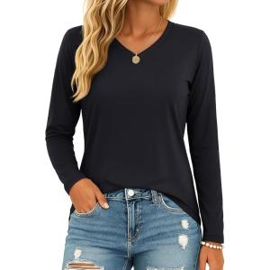 image:imageMAGCOMSEN Womens Long Sleeve Shirts V Neck Cotton Basic Tee Soft Breathable Casual Tops CassicFit TShirtBlack