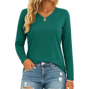 image:imageMAGCOMSEN Womens Long Sleeve Shirts V Neck Cotton Basic Tee Soft Breathable Casual Tops CassicFit TShirtEmerald Green
