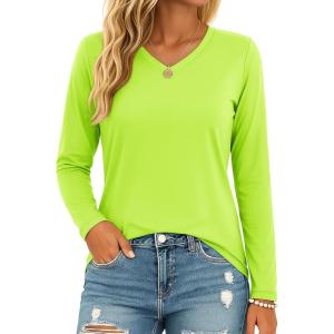 image:imageMAGCOMSEN Womens Long Sleeve Shirts V Neck Cotton Basic Tee Soft Breathable Casual Tops CassicFit TShirtFluorescent Green