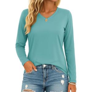 image:imageMAGCOMSEN Womens Long Sleeve Shirts V Neck Cotton Basic Tee Soft Breathable Casual Tops CassicFit TShirtGrey Green