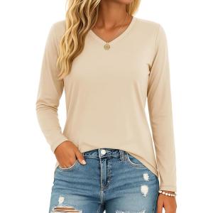 image:imageMAGCOMSEN Womens Long Sleeve Shirts V Neck Cotton Basic Tee Soft Breathable Casual Tops CassicFit TShirtLight Apricot