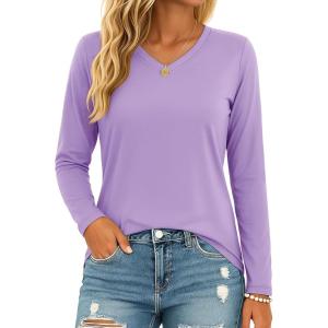 image:imageMAGCOMSEN Womens Long Sleeve Shirts V Neck Cotton Basic Tee Soft Breathable Casual Tops CassicFit TShirtLight Purple