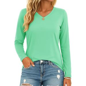 image:imageMAGCOMSEN Womens Long Sleeve Shirts V Neck Cotton Basic Tee Soft Breathable Casual Tops CassicFit TShirtMint Green