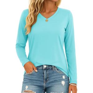 image:imageMAGCOMSEN Womens Long Sleeve Shirts V Neck Cotton Basic Tee Soft Breathable Casual Tops CassicFit TShirtPale Blue