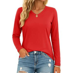 image:imageMAGCOMSEN Womens Long Sleeve Shirts V Neck Cotton Basic Tee Soft Breathable Casual Tops CassicFit TShirtTomato Red