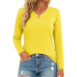 image:imageMAGCOMSEN Womens Long Sleeve Shirts V Neck Cotton Basic Tee Soft Breathable Casual Tops CassicFit TShirtYellow