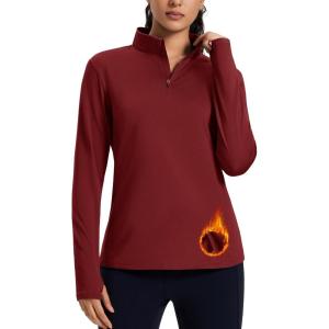 image:imageMAGCOMSEN Womens Quarter Zip Fleece Pullover Thermal Shirts with Zip Pocket Workout Running Tops Thumb HolesVintage Red