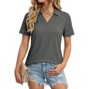 image:imageMAGCOMSEN Womens Polo Shirts Short Sleeve V Neck Collared Golf Shirts UPF 50 Quick Dry Work Casual Summer TopsDarkgrey