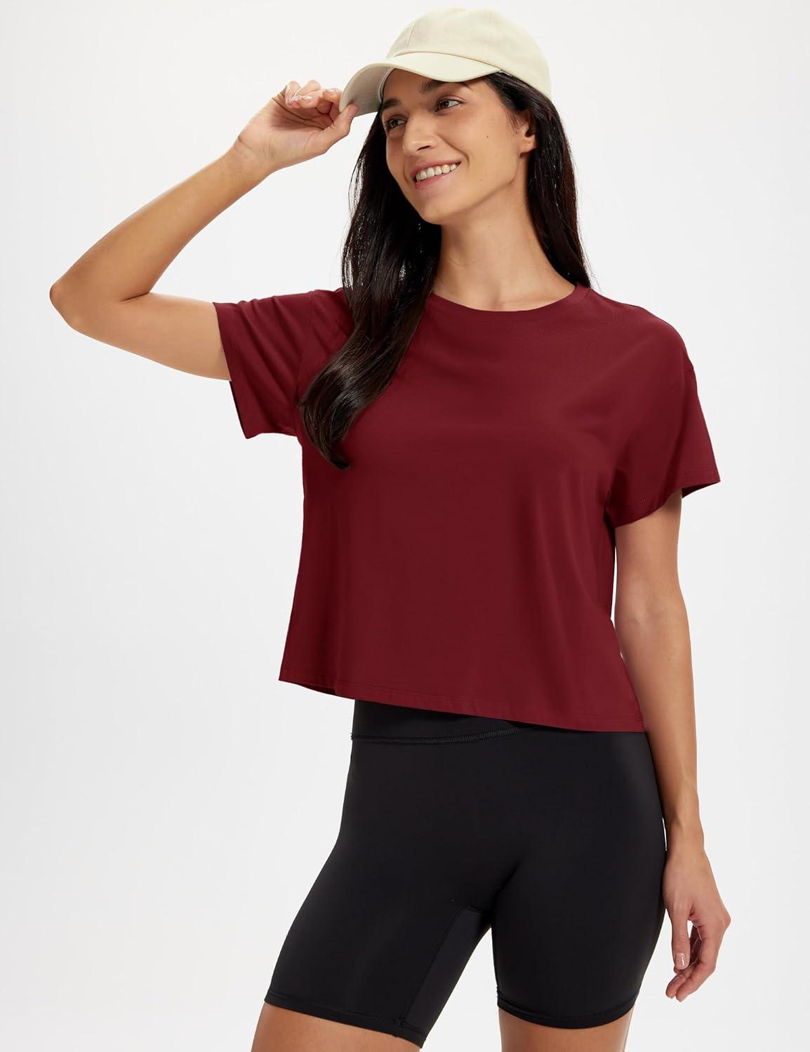 image:imageMAGCOMSEN Workout Crop Tops for Women Short Sleeve Cotton Athletic Yoga Top Loose Casual Crewneck Cropped T ShirtsVintage Red