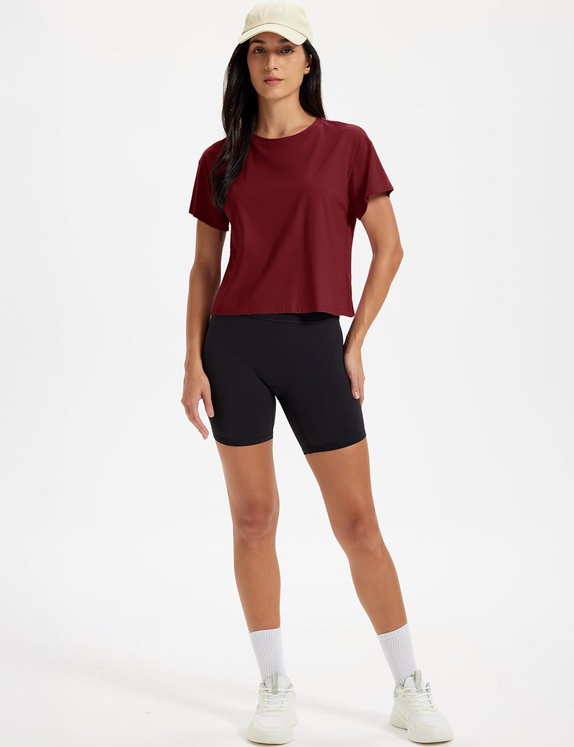 image:imageMAGCOMSEN Workout Crop Tops for Women Short Sleeve Cotton Athletic Yoga Top Loose Casual Crewneck Cropped T ShirtsVintage Red