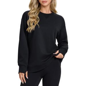 image:imageMAGCOMSEN Womens Fleece Lined Sweatshirts Pullover Crewneck Sweater Loose Fit Casual Winter Warm Tops with Thumb HolesBlack