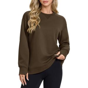 image:imageMAGCOMSEN Womens Fleece Lined Sweatshirts Pullover Crewneck Sweater Loose Fit Casual Winter Warm Tops with Thumb HolesDarkbrown