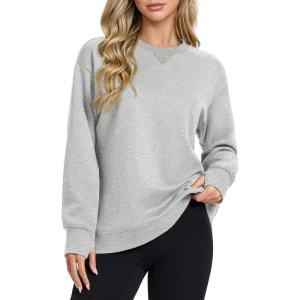image:imageMAGCOMSEN Womens Fleece Lined Sweatshirts Pullover Crewneck Sweater Loose Fit Casual Winter Warm Tops with Thumb HolesLight Grey