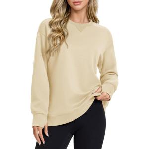 image:imageMAGCOMSEN Womens Fleece Lined Sweatshirts Pullover Crewneck Sweater Loose Fit Casual Winter Warm Tops with Thumb HolesLightapricot