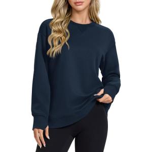 image:imageMAGCOMSEN Womens Fleece Lined Sweatshirts Pullover Crewneck Sweater Loose Fit Casual Winter Warm Tops with Thumb HolesNavy Blue