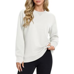 image:imageMAGCOMSEN Womens Fleece Lined Sweatshirts Pullover Crewneck Sweater Loose Fit Casual Winter Warm Tops with Thumb HolesWhite