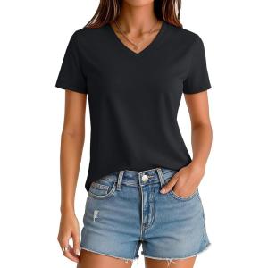 image:imageMAGCOMSEN Womens V Neck T Shirts Cotton Summer Short Sleeve Shirts Basic Tees Casual Soft TopsBlack