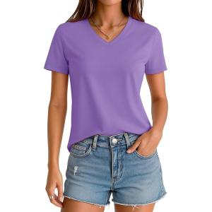 image:imageMAGCOMSEN Womens V Neck T Shirts Cotton Summer Short Sleeve Shirts Basic Tees Casual Soft TopsLight Purple