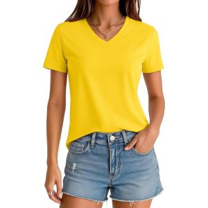 image:imageMAGCOMSEN Womens V Neck T Shirts Cotton Summer Short Sleeve Shirts Basic Tees Casual Soft TopsYellow
