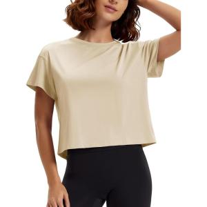 image:imageMAGCOMSEN Workout Crop Tops for Women Short Sleeve Cotton Athletic Yoga Top Loose Casual Crewneck Cropped T ShirtsApricot
