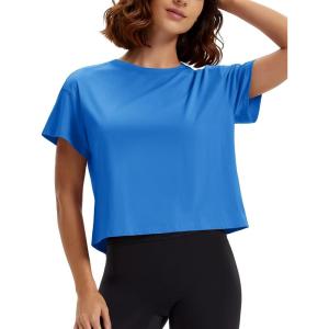 image:imageMAGCOMSEN Workout Crop Tops for Women Short Sleeve Cotton Athletic Yoga Top Loose Casual Crewneck Cropped T ShirtsAzure