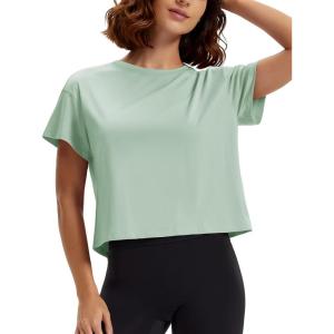 image:imageMAGCOMSEN Workout Crop Tops for Women Short Sleeve Cotton Athletic Yoga Top Loose Casual Crewneck Cropped T ShirtsLight Gray Green