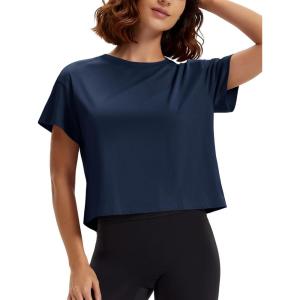 image:imageMAGCOMSEN Workout Crop Tops for Women Short Sleeve Cotton Athletic Yoga Top Loose Casual Crewneck Cropped T ShirtsNavy
