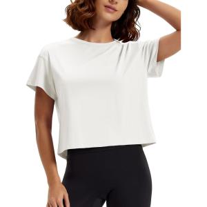 image:imageMAGCOMSEN Workout Crop Tops for Women Short Sleeve Cotton Athletic Yoga Top Loose Casual Crewneck Cropped T ShirtsWhite