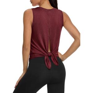 image:imageMAGCOMSEN Workout Tank Tops Woman Summer Open Back Yoga Athletic Shirts Sleeveless Tie Back Loose Fit Gym Muscle TankWine Red