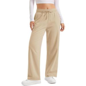 image:imageMAGCOMSEN Womens Sherpa Lined Sweatpants Wide Leg Warm Winter Pants Thermal Baggy Fleece Sweat Pants with PocketsKhaki