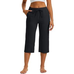 image:imageMAGCOMSEN Womens Cotton Capri Pants with 5 Pockets Yoga Wide Leg Capris Loose Casual Lounge Workout Capri SweatpantsBlack