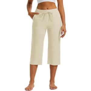image:imageMAGCOMSEN Womens Cotton Capri Pants with 5 Pockets Yoga Wide Leg Capris Loose Casual Lounge Workout Capri SweatpantsLight Apricot