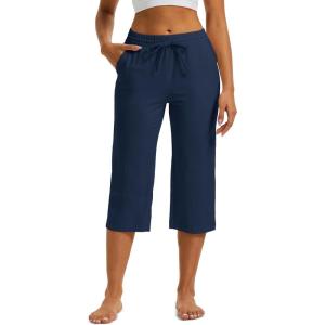 image:imageMAGCOMSEN Womens Cotton Capri Pants with 5 Pockets Yoga Wide Leg Capris Loose Casual Lounge Workout Capri SweatpantsNavy Blue