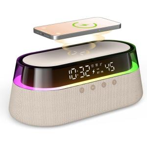 imageEZVALO 6 in 1 Digital Alarm ClockBedside Clock Radio with Fast Wireless Charging 15W Bluetooth SpeakerDual Alarm for Heavy SleepersFM Radio1224HampampSnoozeUSB ChargerCountdown TimerRGB ModeBeige