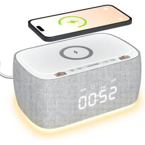 imageEZVALO Alarm Clock with Wireless ChargingMultifunctional Alarm Clock with Bluetooth SpeakerDimmable LED Display with 9Vampamp2A Fast Charging PortClock Radios for BedroomAesthetic Bedside Alarm ClockGray